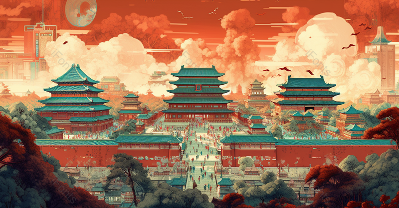 古今融合高楼京城红色渐变大气国潮风插画故宫远山祥云,插画/手绘图,插画/手绘图库,插画/手绘图下载,插画/手绘
